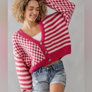 Buttermelon Pink & Cream Mixed Pattern Cropped Cardigan - Size Medium